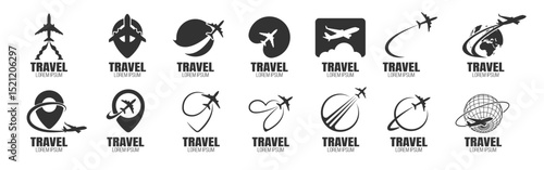 Airplane travel Logo. Travel, tourism agency logo design, icons and symbol. Silhouette of flying plane. Template for logo, emblem on Transparent Background.