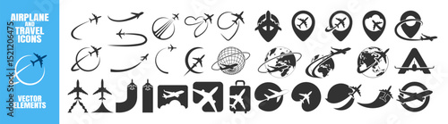 Airplane travel Logo. Travel, tourism agency logo design, icons and symbol. Silhouette of flying plane. Template for logo, emblem on Transparent Background.