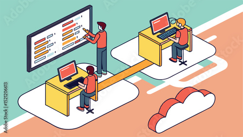 Isometric illustration of developers working in a connected environment with cloud computing setup