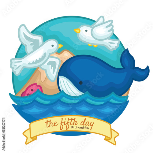The Fifth Day of 6 Creation Days of God Bible Story Cartoon Illustration Vector Clipart Sticker Decoration Background