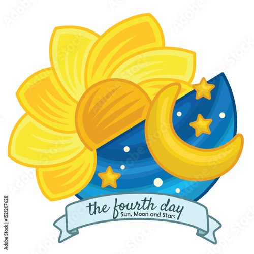 The Fourth Day of 6 Creation Days of God Bible Story Cartoon Illustration Vector Clipart Sticker Decoration Background