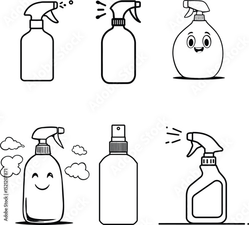Spray Bottle Illustration Symbol Set Featuring Six Distinct Variations: Simple Spray Bottles, Smiling Facial Expressions, Different Nozzle Designs, and Cloud Elements—Representing Cleaning, Freshness,