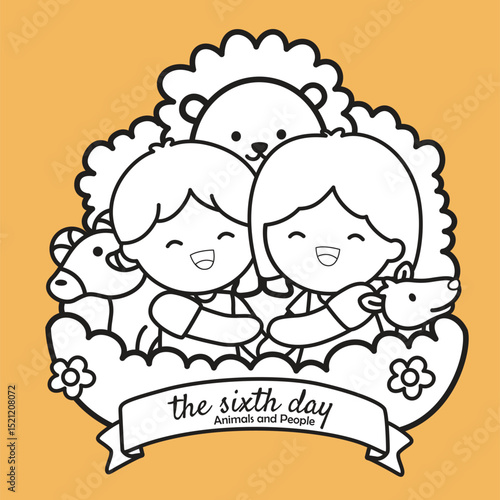 The Sixth Day of 6 Creation Days of God Bible Story Cartoon Digital Stamp 
