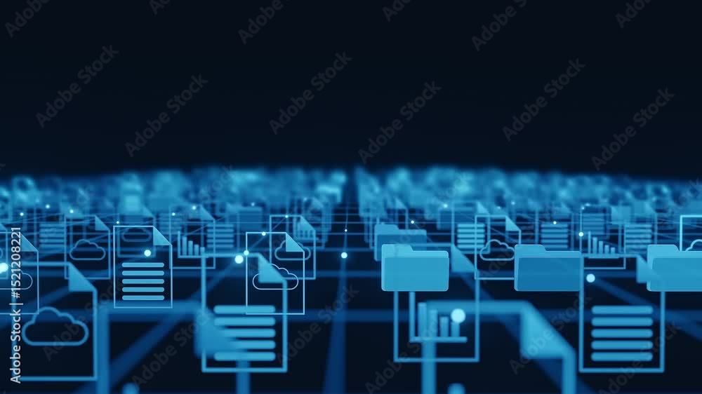 Abstract digital background showing documents, folders, and cloud icons connected by a grid network, representing data flow and management in a technological environment.