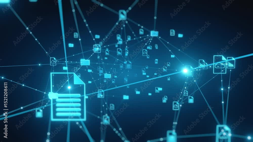 Abstract network background showing glowing nodes connected by lines, representing digital document and data management, cloud storage, and technology concepts.