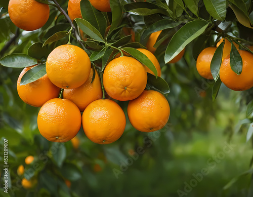 Bunch of fresh ripe oranges hanging on a tree in orange garden, fresh oranges on tree 