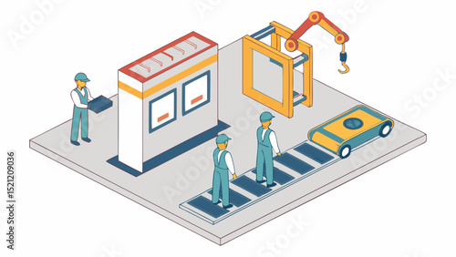 Isometric view of factory workers operating machinery and automated vehicle on conveyor belt system