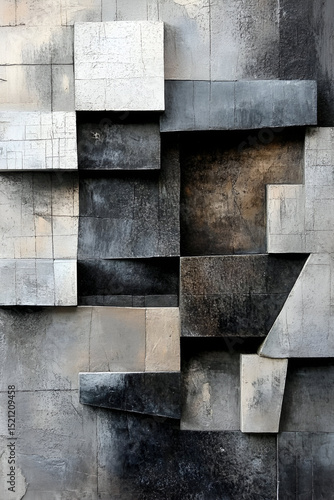A series of overlapping squares and rectangles, each with sharp edges and different textures that create a sense of tension and harmony