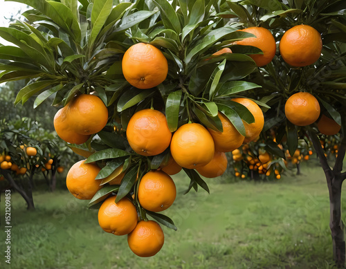 Bunch of fresh ripe oranges hanging on a tree in orange garden