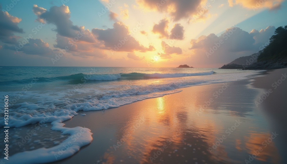 Fototapeta premium Serene ocean waves at tropical beach during sunset
