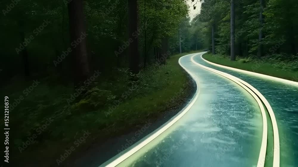 Rider on a motorcycle speeding down a wet forest road with blurred greenery in the background