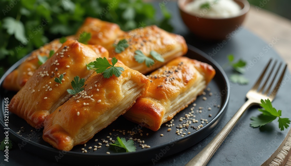 Golden brown pastries topped with sesame seeds on dark plate Golden brown pastries topped with sesame seeds on dark plate