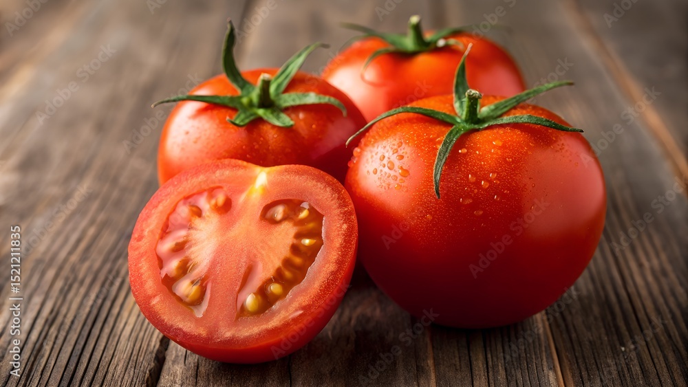 Fresh, Ripe Tomato on the Vine, Covered in Dew Drops Fresh, Ripe Tomato on the Vine, Covered in Dew Drops