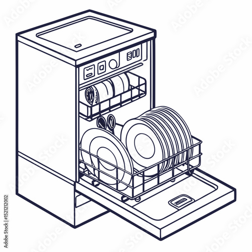 Compact dishwasher with loaded dish rack in modern design  