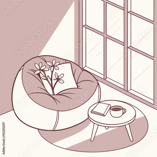 Cozy bean bag chair with pillow and coffee table near window  