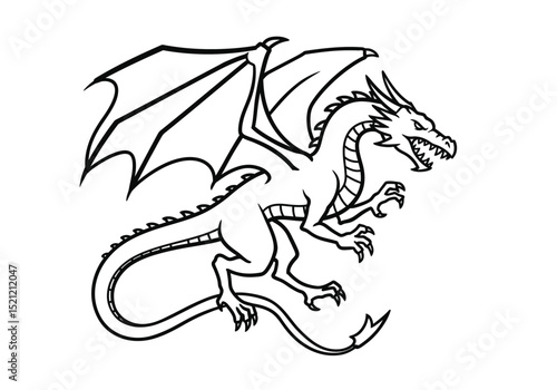 Evil dragon drawing. It is a menacing black and white outline image of a fierce, evil dragon, ready for coloring. Vector sketch line art draw.