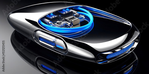 Futuristic Device with Reflective Surface and Glowing Blue Circuitry


