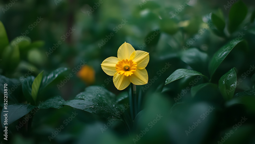 A bright yellow daffodil blossom surrounded by soft green leaves A bright yellow daffodil blossom surrounded by soft green leaves
