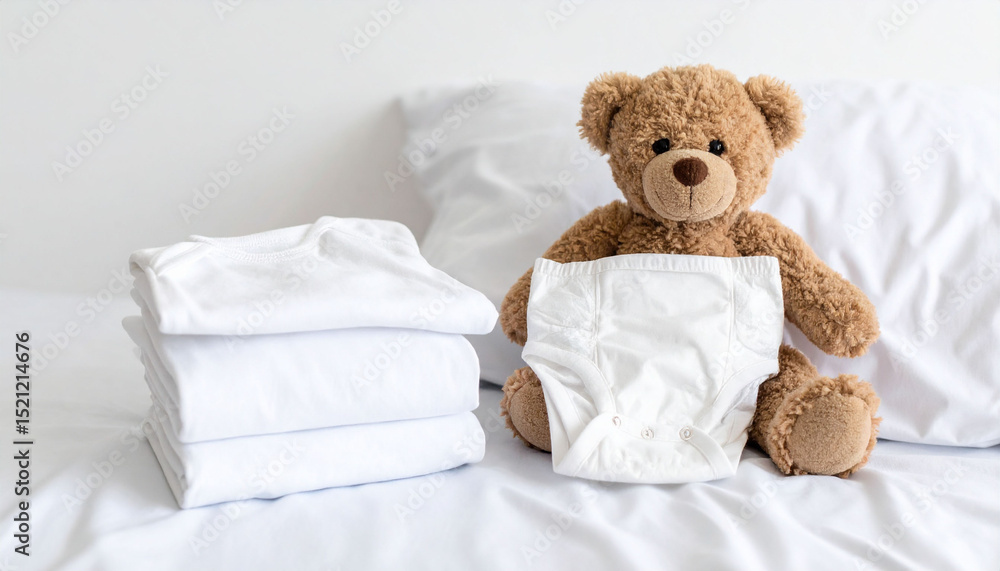 a serene domestic setting with neatly arranged diapers in one section and a plush teddy bear posed alongside them in another a serene domestic setting with neatly arranged diapers in one section and a plush teddy bear posed alongside them in another