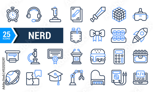 A set of 25 blue and black line icons depicting various nerdy interests.