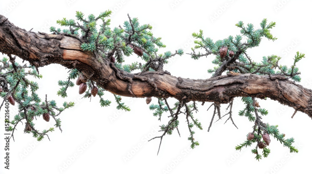 Fototapeta premium Detailed Close-Up of Horizontal Pine Branch with Cones and Green Needles on White Background