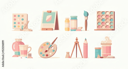 Colorful Art Supplies and Painting Tools Collection Easel, Paint Palette, Brushes, and More