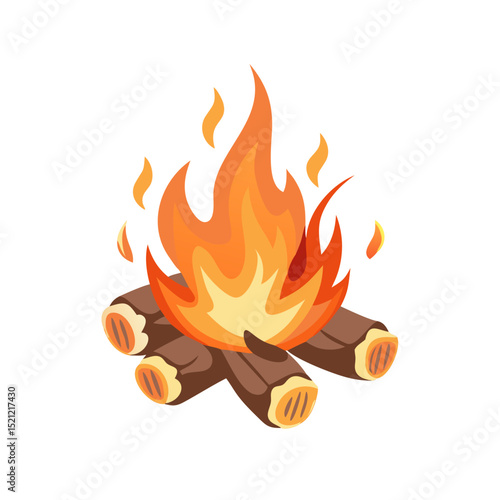 Vector illustration of a bonfire with logs and burning flames on white background
