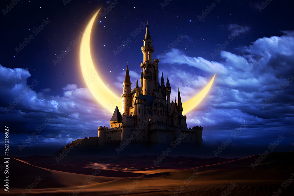 Naklejka premium Majestic castle silhouetted against a glowing crescent moon nestled in a mystical desert under a starlit night sky.