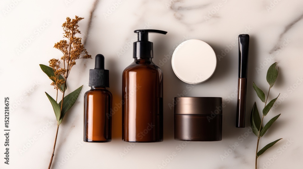 Elegant arrangement of skincare products on a marble surface with natural elements in the background Elegant arrangement of skincare products on a marble surface with natural elements in the background