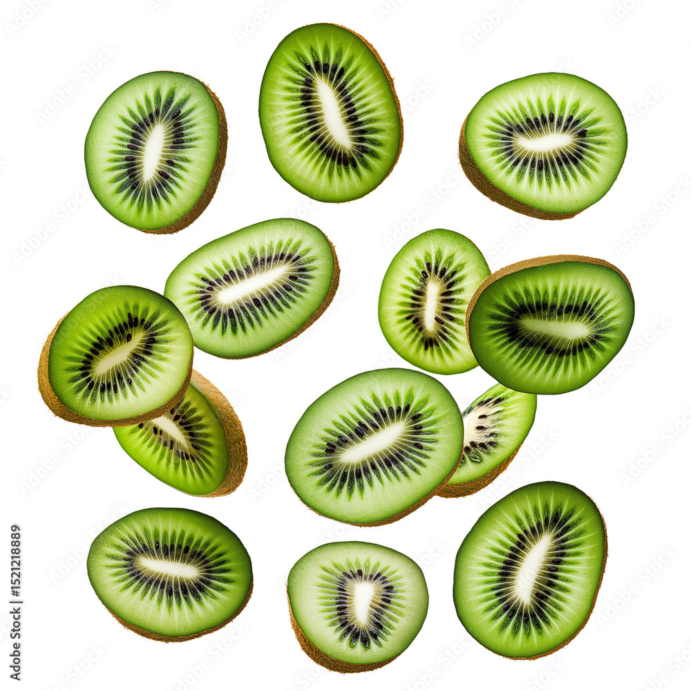 Kiwi slices scattered on a white surface Kiwi slices scattered on a white surface