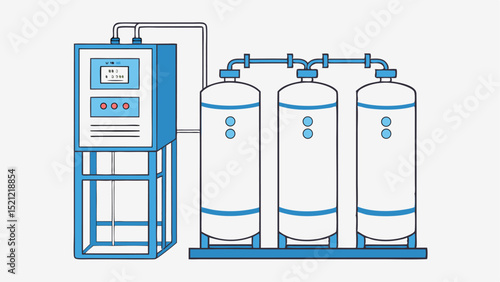 Illustration of a water purification system with three tanks and a control panel on a blue frame