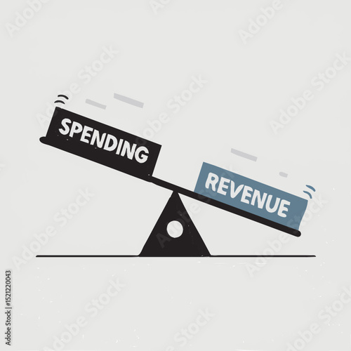 Vector seesaw with 'Spending' on one end and 'Revenue' on the other, heavily tilted, depicting budget imbalances.