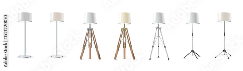 Lamp Set Closeup Isolated on White Background. Floor Lamps. Electric Torchere for Interior Design, Energy Furniture. Vector