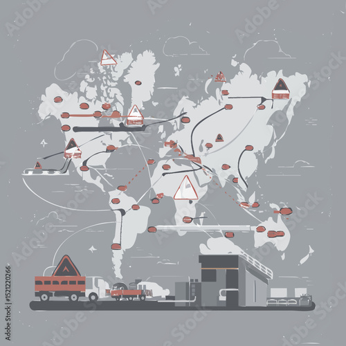 Vector map highlighting disrupted trade routes between North America and Asia, with warning signs and barriers indicating the breakdown in supply chains.