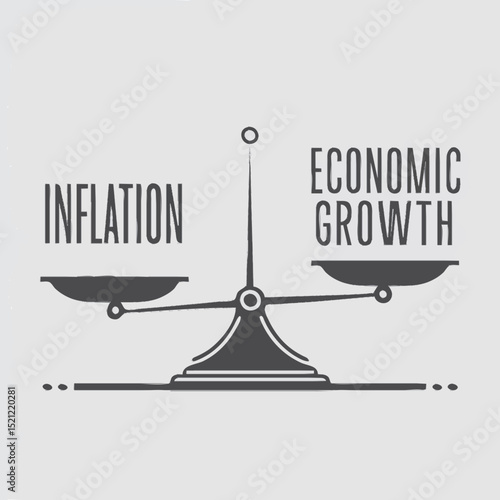 "Vector image of a balancing scale with 'Inflation' on one side and 'Economic Growth' on the other, teetering precariously to represent the delicate economic balance.