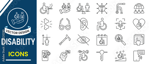 Disability icon vector set design. Outline icon of disability symbol, certain activities, equitable access, difficulties, society, cognitive and developmental. Vector illustration.