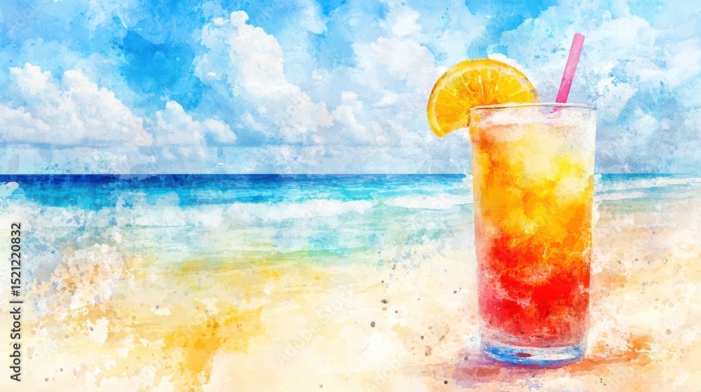 Obraz premium Layered cocktail in tall glass at sunny beach