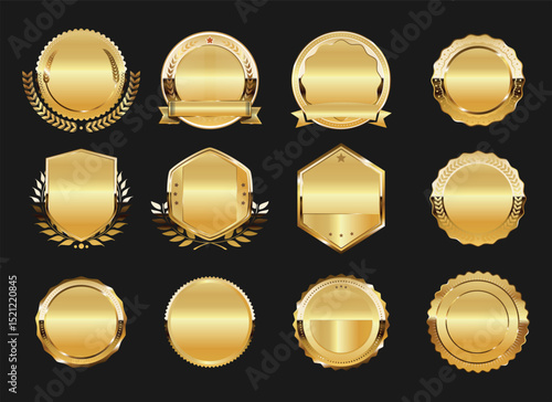 Collection of golden badges and emblems labels laurels and ribbons 