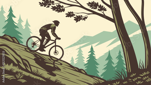 Silhouette of a mountain biker riding downhill through a forest with trees and mountain scenery, outdoor activity