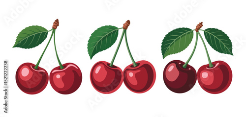 Three Pairs of Fresh Red Cherries with Green Leaves