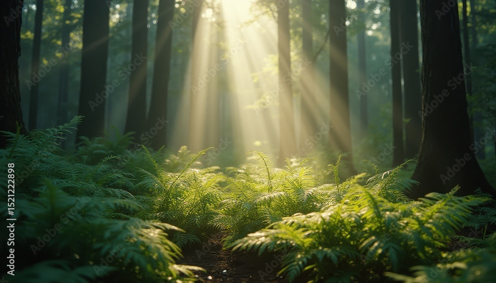 Fototapeta premium Sunlit ferns in a serene forest, daytime magic