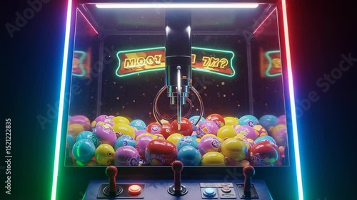 Neon claw machine filled with emoji balls under a 