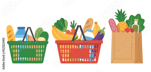 Grocery Shopping Baskets and Paper Bag with Fresh Produce and Food Items