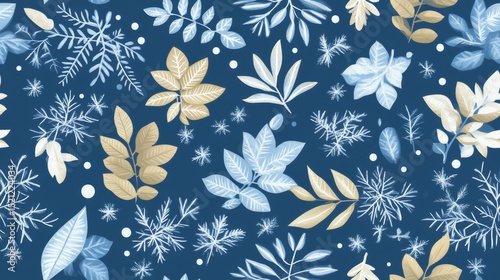 A winter-themed seamless pattern with snowflakes and icy leaves, designed in a vector style for a continuous background