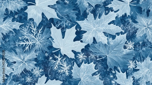 A seamless pattern of frosty leaves and snowflakes, designed for a cold and elegant winter wonderland effect