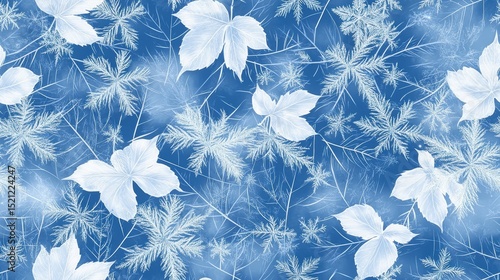 A repeating pattern of snowflakes and frosty leaves, creating a seamless winter-themed design