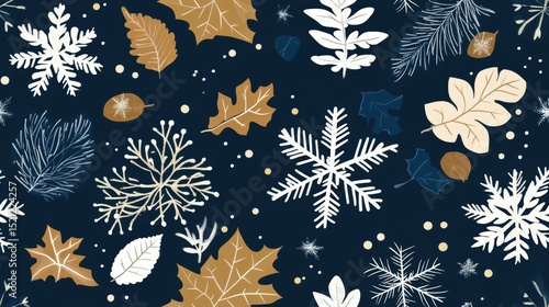 A seamless background featuring snowflake shapes mixed with leaves, creating a festive and elegant winter pattern