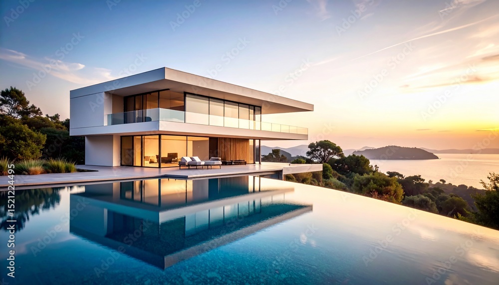 Fototapeta premium Luxury Villa with Infinity Pool and Sea View at Sunset