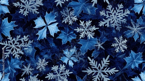 A repeating design of snowflakes and winter leaves, arranged in a continuous pattern for a frosty holiday feel
