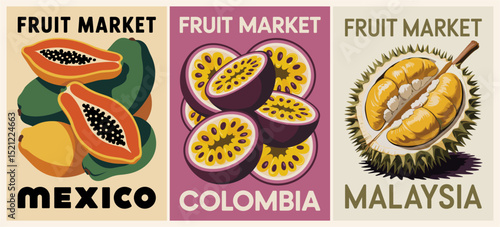 Set of retro mid-century modern Fruit Market posters featuring exotic fruits like durian, maracuya, and papaya from Mexico, Colombia, and Malaysia. Vintage tropical vector art for decor